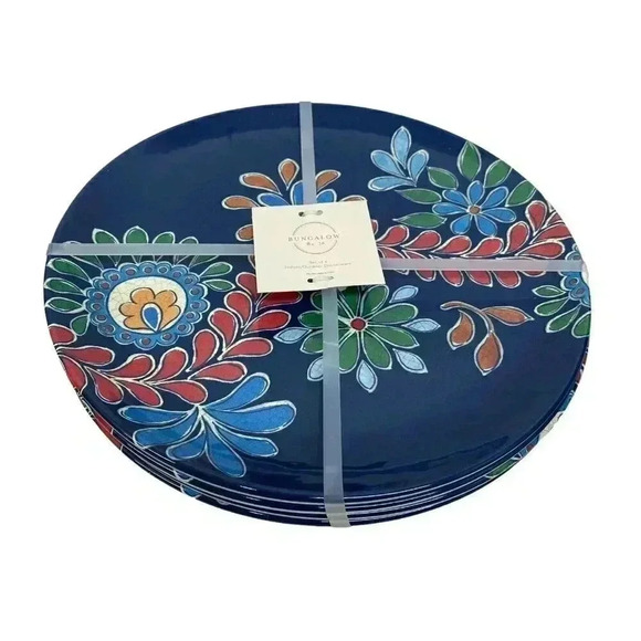 BUNGALOW Set of 4 Melamine 11" Dinner Plates Burgundy Floral Summer Table Decor - Picture 2 of 4